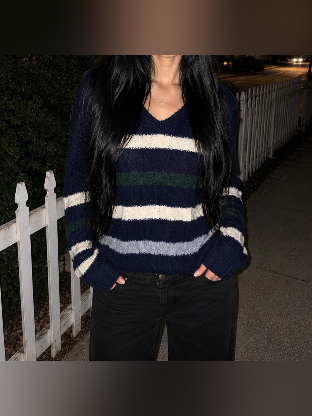 True Craft Soft Striped V-Neck Cozy Multi Navy Knit Sweater - Women’s Essentials